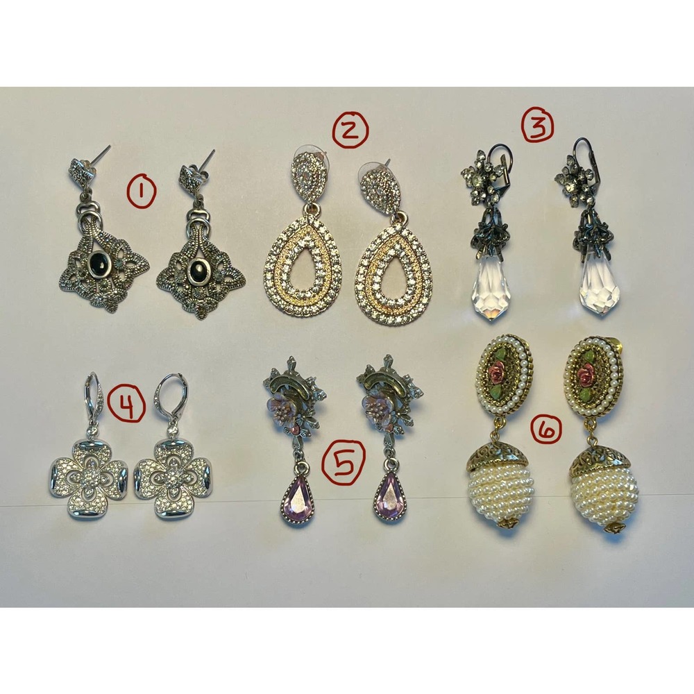 6 Pairs of Vintage Drop Earrings Rhinestone Rose Gold Faux Pearls Rose Details